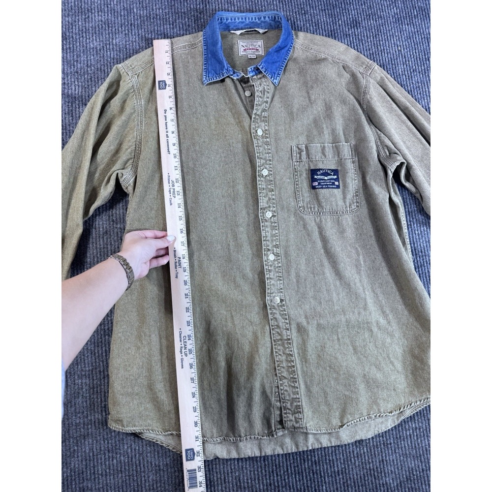 Nautica Denim Classic Fit Olive Blue Long Sleeve Button-Up Shirt XL Pocket - Picture 7 of 9